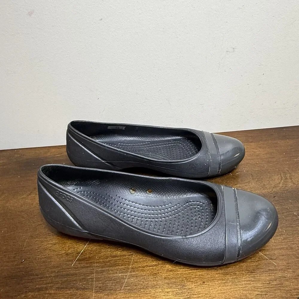 Crocs Ballet Flats Womens Sz 7 Black Rubber Slip On Cap Toe Shoes Loafers
